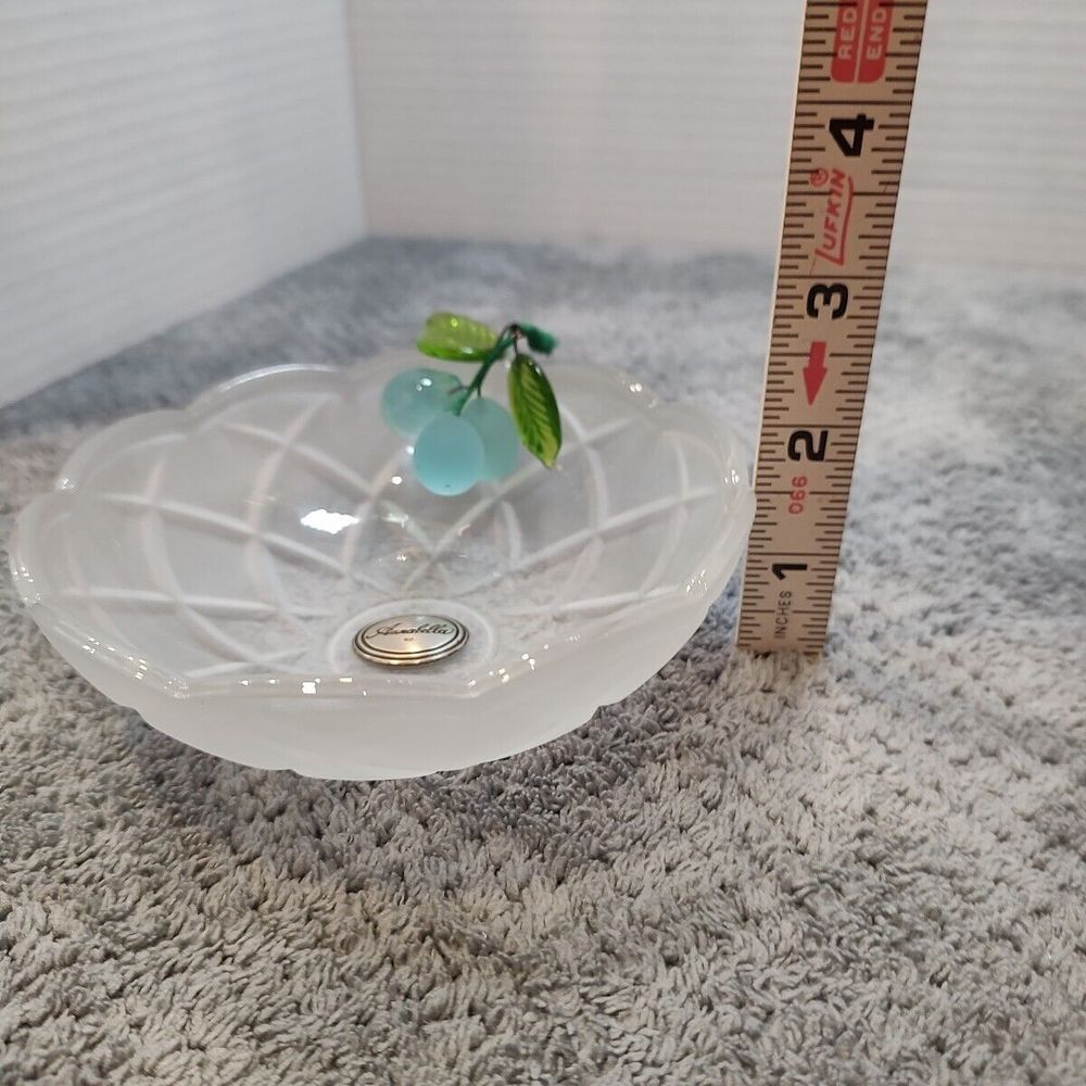 Annabella Frosted Trinket Bowl Glass Fruit Green Glass Leaves Pewter Name tag - Picture 7 of 8